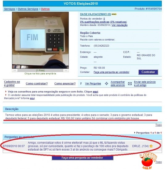 Vender e comprar votos... no Mercado Livre? :P